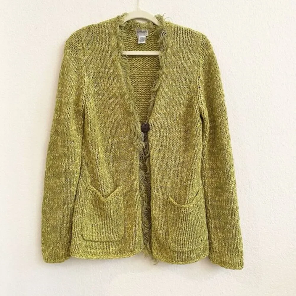 Chicos Womens Sweater 2 Large Green Open Front Chunky‎ Knit One Button Cardigan